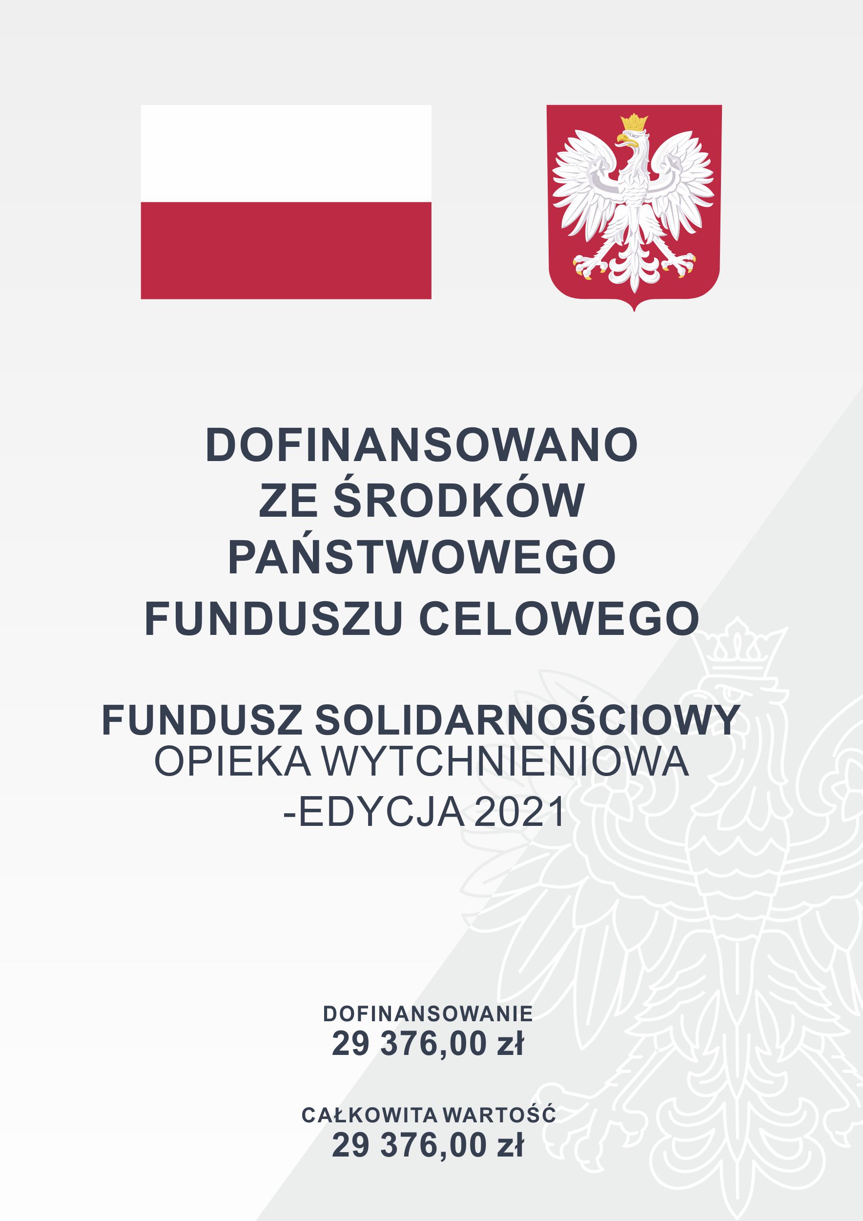 Plakat przedstawiający min. flagę i godło Polski z danymi o kwotach finansowania